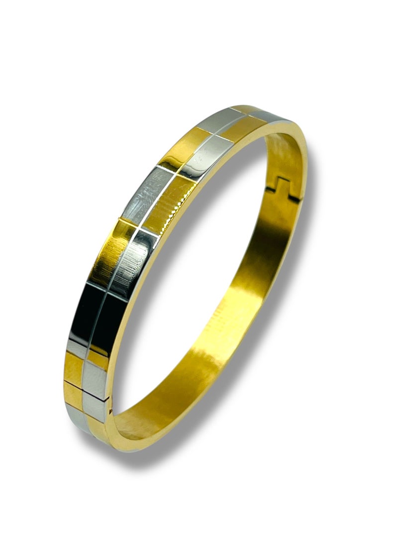MARIO DRAFTS Mario Drafts Two-Tone Bangle Bracelet, Gold and Silver Checkered Pattern, Metal Alloy  - Image 1