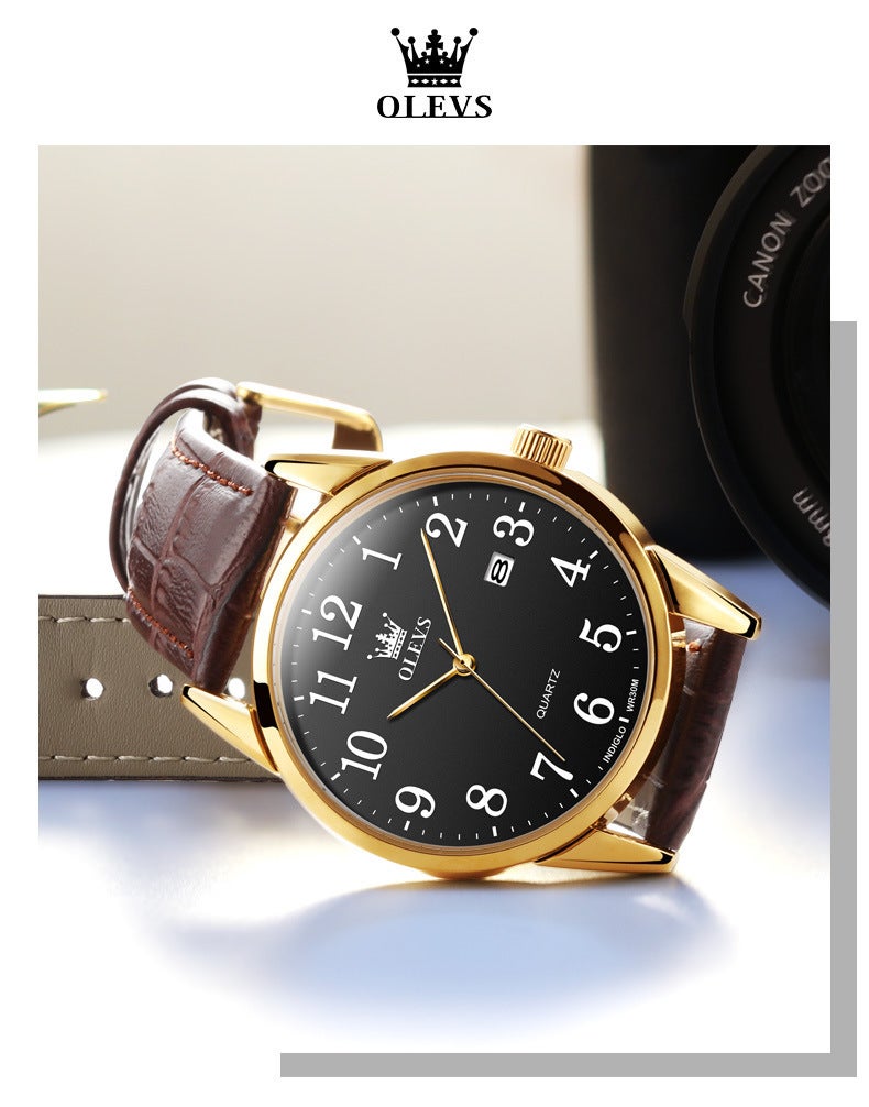 ساعة رجالية تقويمية مقاومة للماء - وجه ساعة أسود بحجم 38 مم بشراصة جلدية - view 5