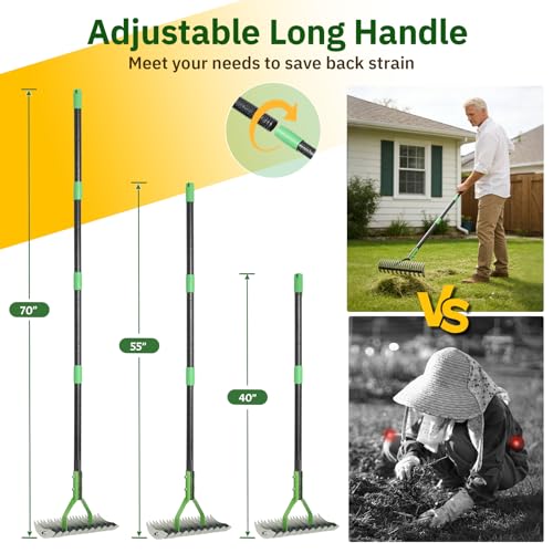 UIABOPZ Thatch Rake, 13" Wide Efficient Dethatcher Rake with 70" Adjustable Long Handle, Heavy Duty Steel Metal Dethatching Rakes for Cleaning Dead Grass, Loosening Soil, Lawn Care in Yard Garden - Image 2