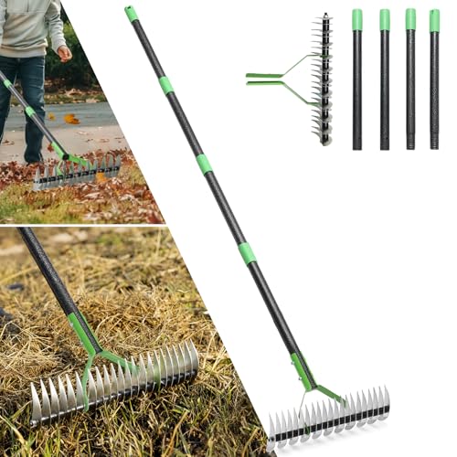 UIABOPZ Thatch Rake, 13" Wide Efficient Dethatcher Rake with 70" Adjustable Long Handle, Heavy Duty Steel Metal Dethatching Rakes for Cleaning Dead Grass, Loosening Soil, Lawn Care in Yard Garden - Image 1