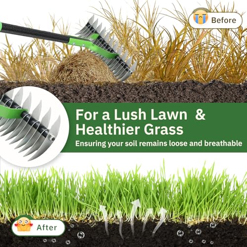 UIABOPZ Thatch Rake, 13" Wide Efficient Dethatcher Rake with 70" Adjustable Long Handle, Heavy Duty Steel Metal Dethatching Rakes for Cleaning Dead Grass, Loosening Soil, Lawn Care in Yard Garden - Image 3