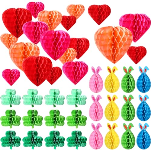Arrowbash 36 Pcs St Patricks Day Shamrock Hanging Honeycomb Balls Decorations Irish Clover Bunny Tissue Paper Pom Poms Bunny Centerpieces for Easter Wedding Party Decor - Image 1