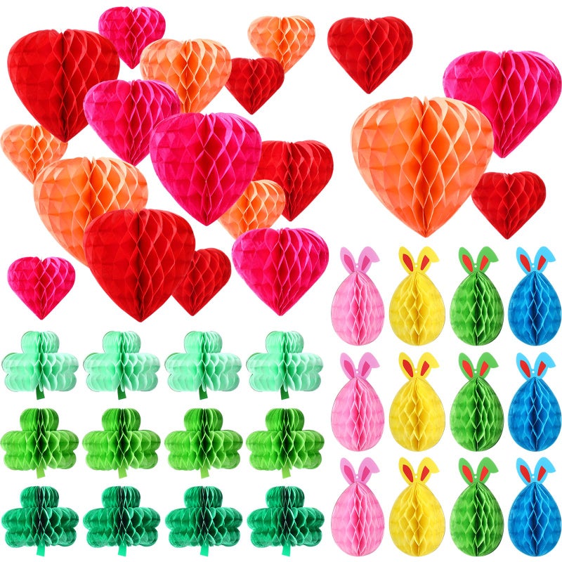 Arrowbash 36 Pcs St Patricks Day Shamrock Hanging Honeycomb Balls Decorations Irish Clover Bunny Tissue Paper Pom Poms Bunny Centerpieces for Easter Wedding Party Decor - Image 3