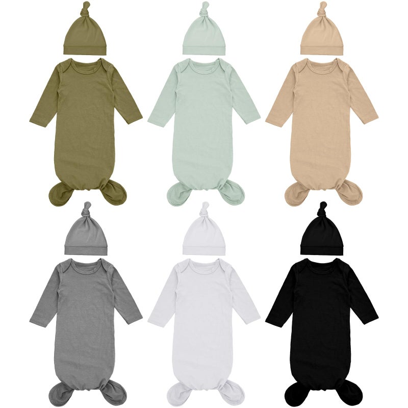 Cuffbow 6 Packs Newborn Baby Knotted Gowns Set 0-6 Months Cotton Sleeper Long Sleeve Nightgown and Hat Set for Infant Baby (Dark Color) - Image 1