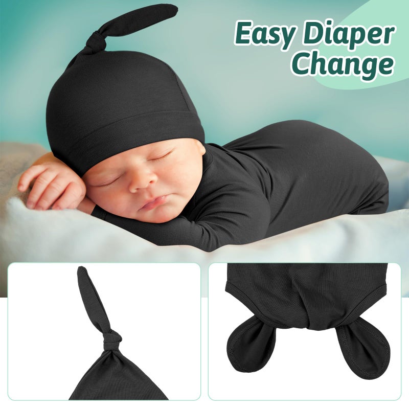 Cuffbow 6 Packs Newborn Baby Knotted Gowns Set 0-6 Months Cotton Sleeper Long Sleeve Nightgown and Hat Set for Infant Baby (Dark Color) - Image 3