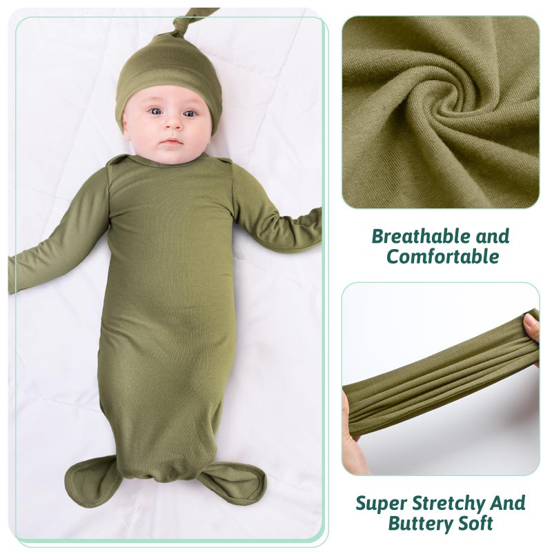 Cuffbow 6 Packs Newborn Baby Knotted Gowns Set 0-6 Months Cotton Sleeper Long Sleeve Nightgown and Hat Set for Infant Baby (Dark Color) - Image 4