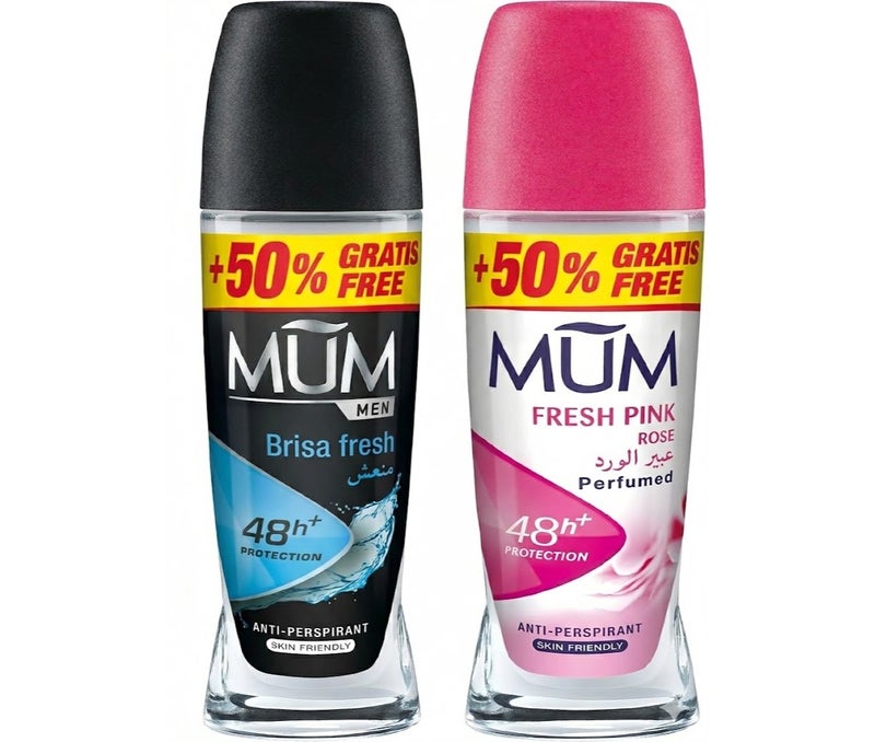 MUM Anti-Perspirant Deodorant Roll-On Bundle (Pack of 2) – Men Brisa Fresh & Fresh Pink Rose, His and Hers Couple Variety Pack, 48h+ Long Lasting Protection, Skin Friendly Value Size (+50% Free)