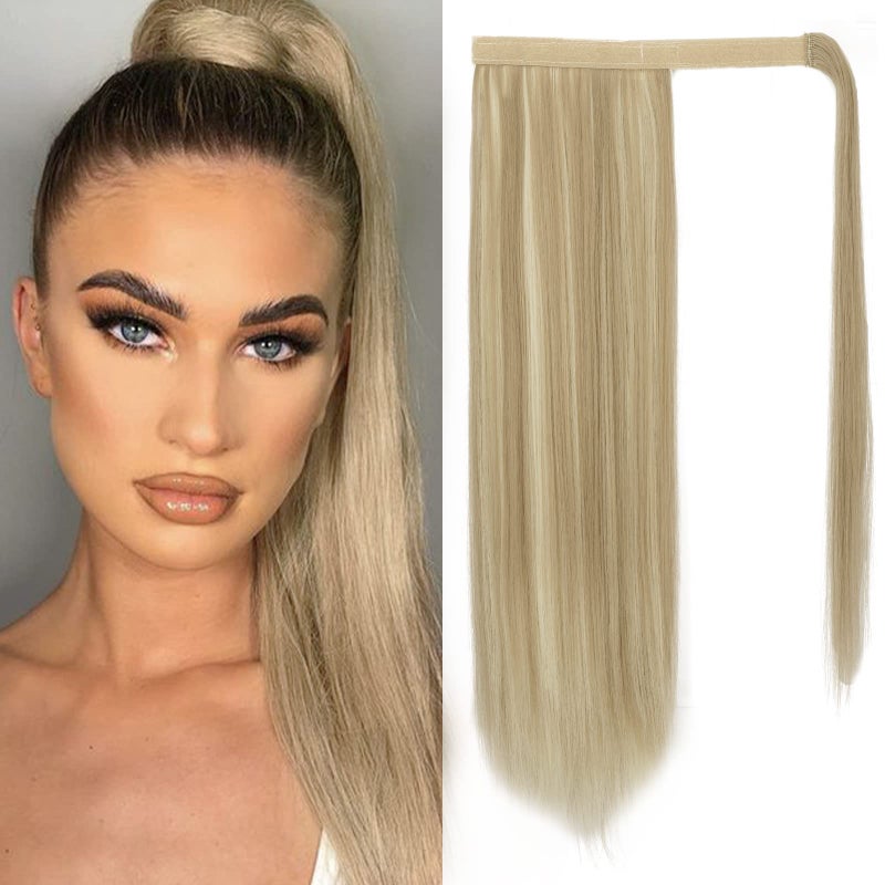 BARSDAR Light Ash Blonde Mix Straight Wrap Ponytail Extension  20 Inch Long Straight Wrap Around Ponytail for Women Synthetic Clip in Blonde Pony Tails Hairpieces Daily