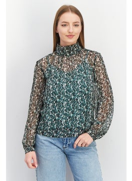 French Connection Women High Neck Long Sleeve Floral Print Top, Black Combo  - Image 1