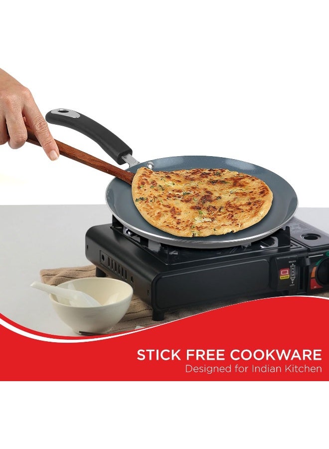 VINOD مقلاة دوسا فينود زست سيراميكا 28 سم مع مقبض أنيق مقاوم للحرارة، خالية من الالتصاق، للروتي، البراتا، دوسا مسطحة، مناسبة للطبخ بالحث، خالية من PFOA، ضمان لمدة 2 سنة باللون الأسود - Image 2