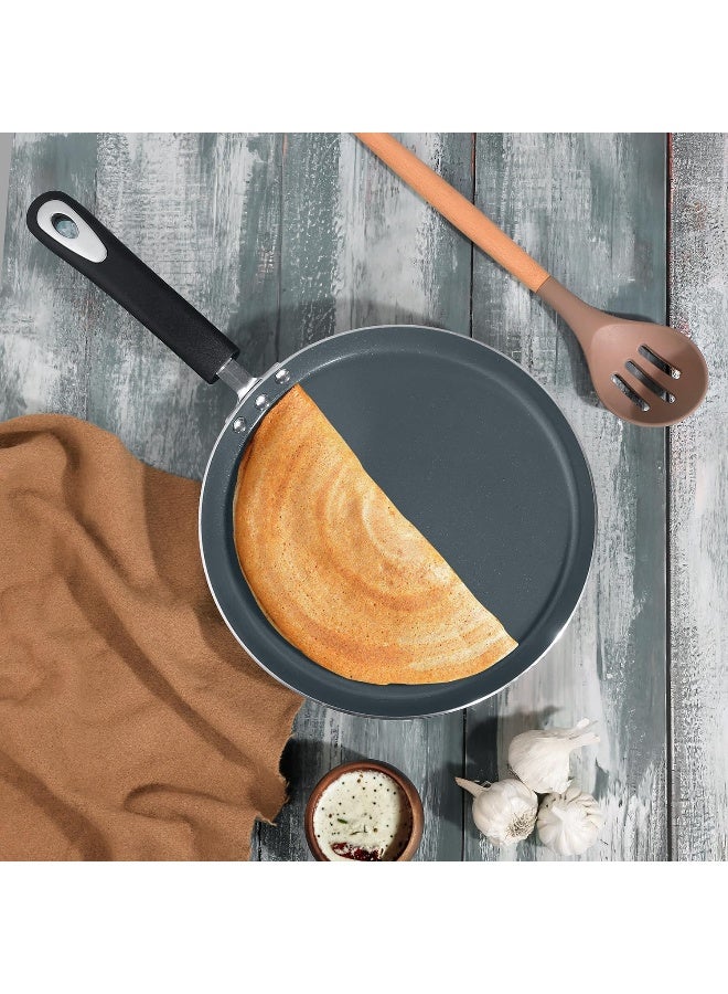 VINOD مقلاة دوسا فينود زست سيراميكا 28 سم مع مقبض أنيق مقاوم للحرارة، خالية من الالتصاق، للروتي، البراتا، دوسا مسطحة، مناسبة للطبخ بالحث، خالية من PFOA، ضمان لمدة 2 سنة باللون الأسود - Image 3