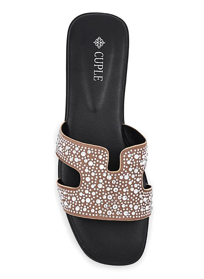 Cuple Khaki Cuple Embellished Double Strap Flat Slides for Women | Best Price UAE
