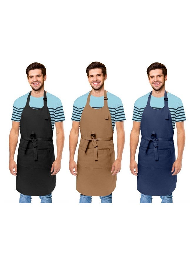 Cranique Polyester Kitchen Apron with Adjustable Strap Two Pockets for Women & Men | Free Size Apron for Hotel, Cafe, Restaurant, Salon, Workshop, Garage Cooking Apron | Pack of 3 (BLK-TN-BLU-3) - Image 1