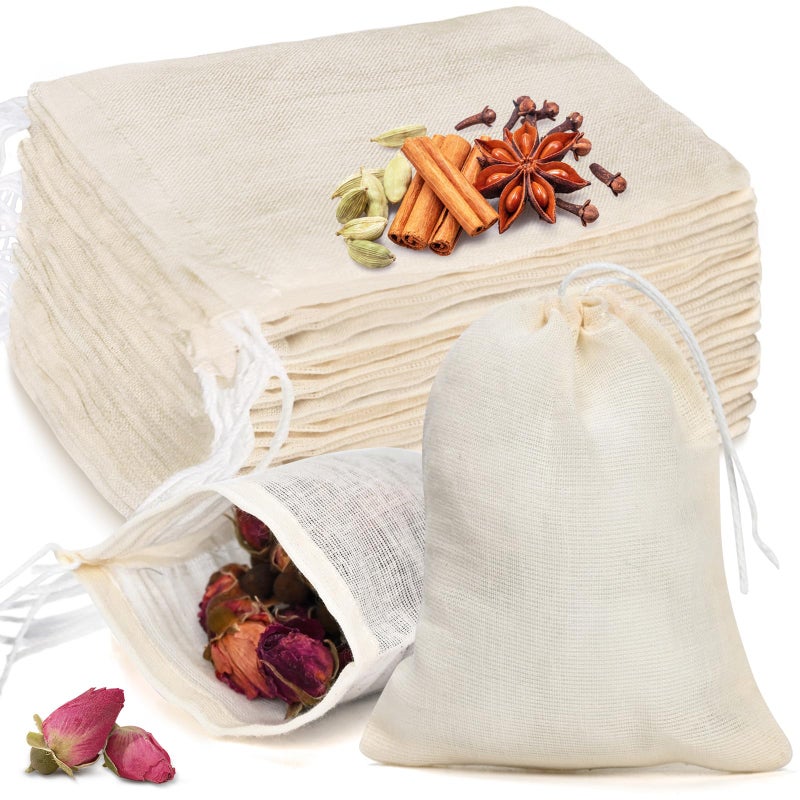 HyozorGo 20 Pcs Muslin Bags with Drawstring, Reusable Tea Bags, Spice Bags for Cooking Soup/Herb/Loose Leaf Tea, Natural Cotton Cheese Cloth Bag for Straining, Sachet Bags Empty, 6 x 4 Inches - Image 1