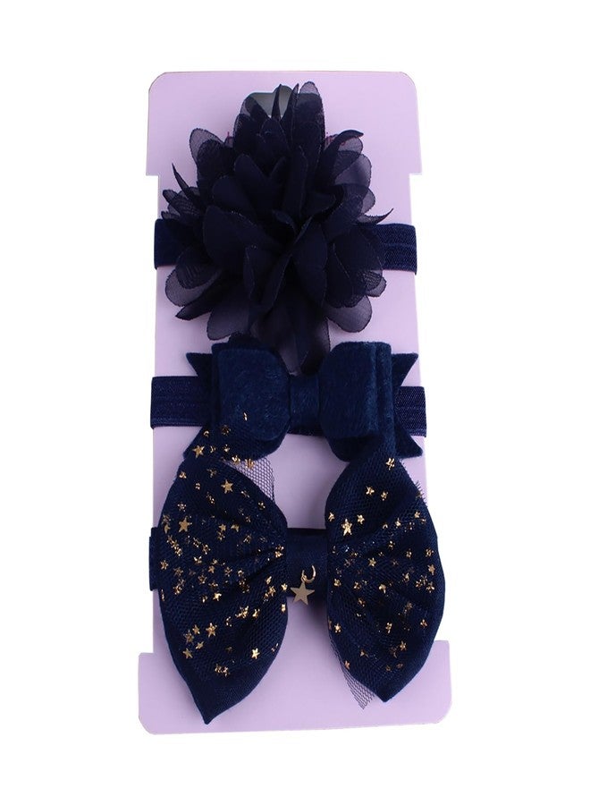 SYGA 3 Pcs Baby Headband, Flower & Bow Stretchable, Nylon HairBand for Newborn Infant Toddlers Kids 0-3 Year (Navy Blue, Free Size) - Image 1