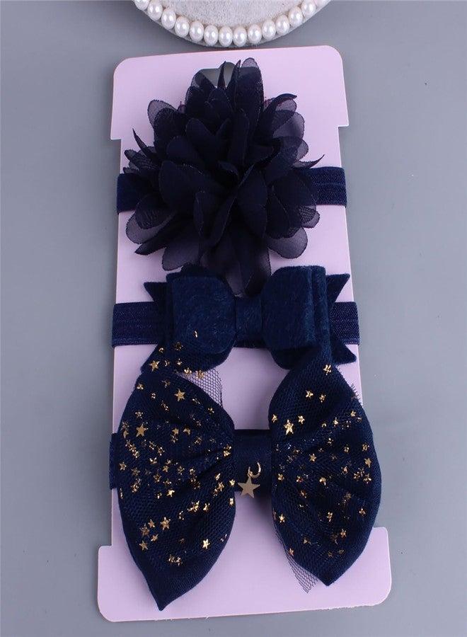 SYGA 3 Pcs Baby Headband, Flower & Bow Stretchable, Nylon HairBand for Newborn Infant Toddlers Kids 0-3 Year (Navy Blue, Free Size) - Image 2