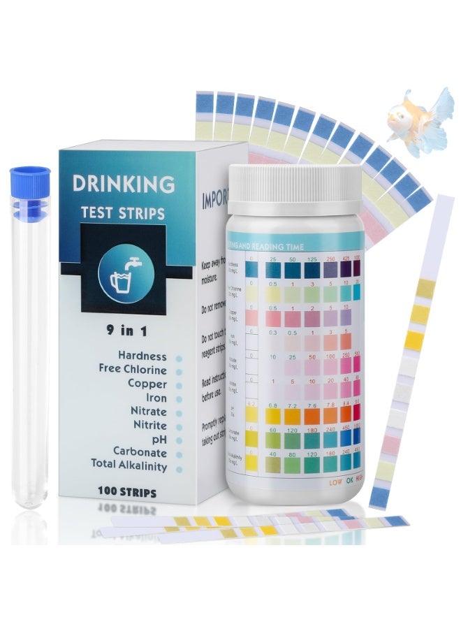 OSHIMA 100ct 9 in 1 Quick & Accurate Fish Tank Water Testing Kit, Drinking Water Test Strips Aquarium Test Strips for Testing Ph Water Hardness Chlorine Lead Nitrate Fluoride Drinking Water Pool Fish - Image 1