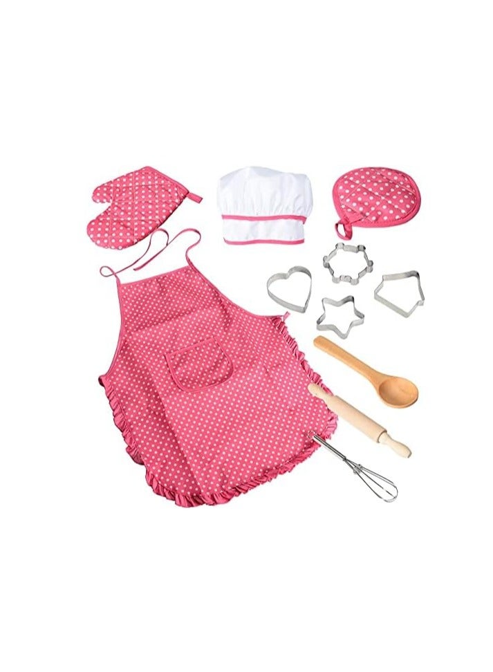 Flushrenic 11 piece set Chef Set for Kids,11pcs Kitchen Costume Role Play Kits,Girls Apron with Chef Hat,Cooking Mitt and Cookie Cutters (Rose red)  - Image 1