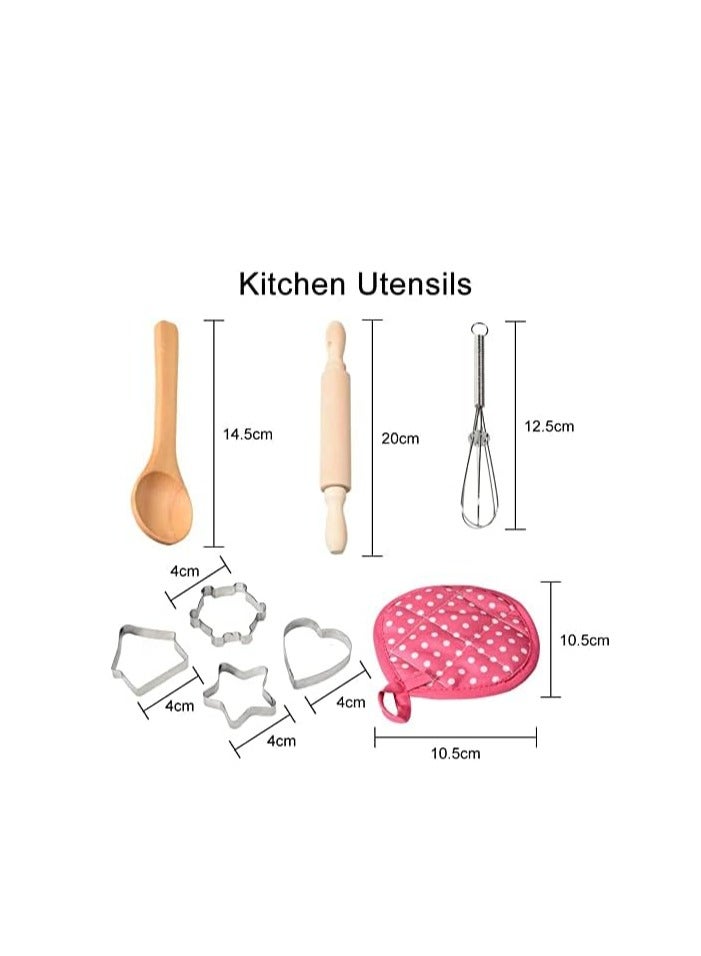 Flushrenic 11 piece set Chef Set for Kids,11pcs Kitchen Costume Role Play Kits,Girls Apron with Chef Hat,Cooking Mitt and Cookie Cutters (Rose red)  - Image 3