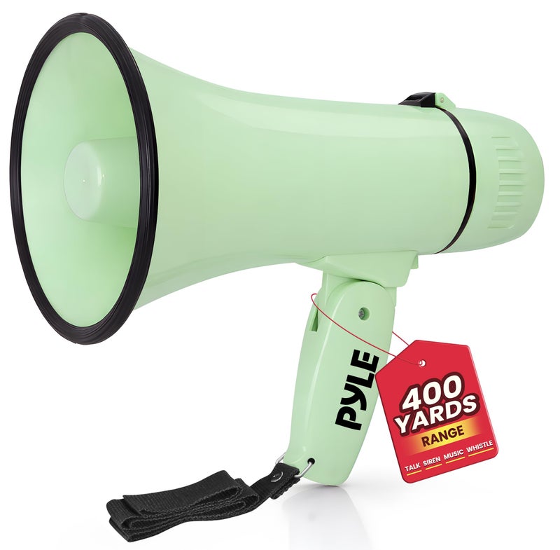 Pyle 20W Megaphone Bullhorn Portable Automatic Siren Adjustable VolumeProjection Range Up to 400 Square Yards Aux Input Talk Siren Music Whistle Record Shoulder Strap Green - Image 2