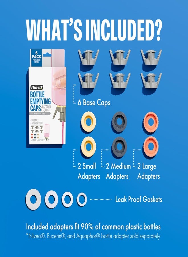 Flip-It! Bottle Emptying Kit - 6 Bottle Pack - No more wasted product - Fits most plastic bottles - 6 Base Caps, 6 Adapters - Pastel Color Edition - Image 4