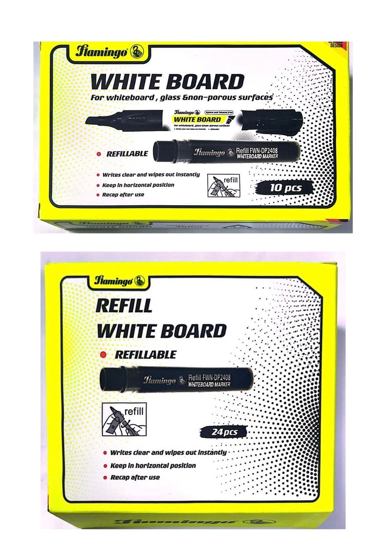 Flamingo 10-Pieces Whiteboard Markers With Refillable Tube Box Black Color - Image 1