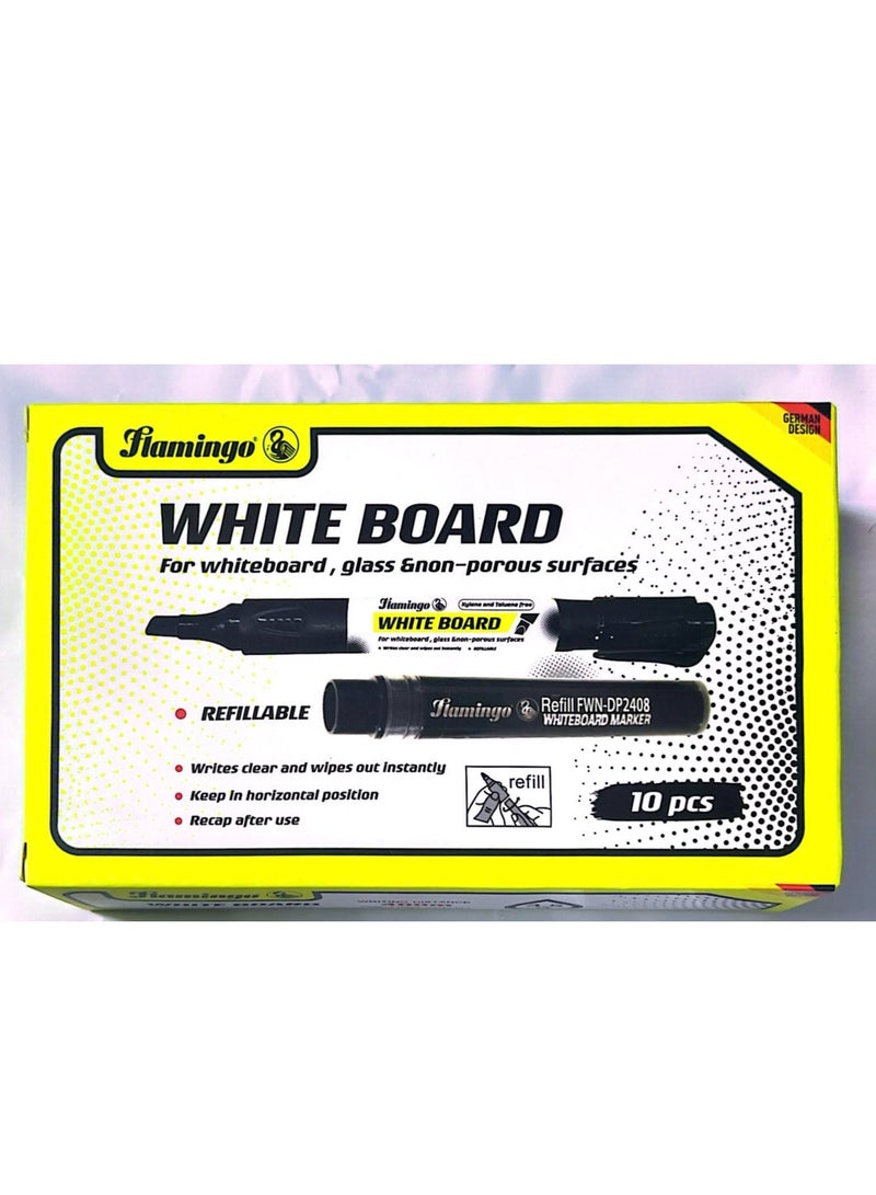 Flamingo 10-Pieces Whiteboard Markers With Refillable Tube Box Black Color - Image 2