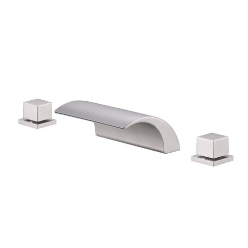 ALEASHA Waterfall Tub Faucet, 2 Handle Roman Tub, Brushed Nickel Deck Mount Bathtub, Brass 3 Holes Bathroom Without Diverter - Image 1
