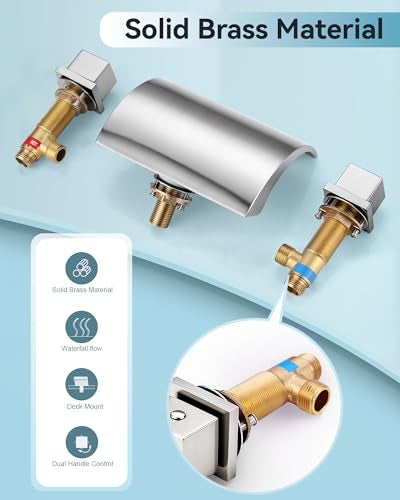 ALEASHA Waterfall Tub Faucet, 2 Handle Roman Tub, Brushed Nickel Deck Mount Bathtub, Brass 3 Holes Bathroom Without Diverter - Image 2