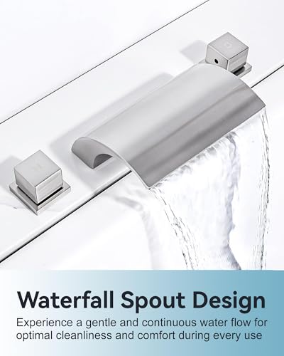 ALEASHA Waterfall Tub Faucet, 2 Handle Roman Tub, Brushed Nickel Deck Mount Bathtub, Brass 3 Holes Bathroom Without Diverter - Image 4