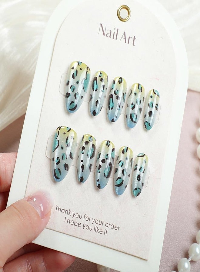 WAFOLOZE 30Pcs Almond Shape Press on Nails Medium Fake Nails with Cat's Eye Blue To Yellow Ombre Leopard Print Designs Acrylic Glue on False Nails Artificial Nail Press Ons Stick On Nails for Women Girls - Image 1