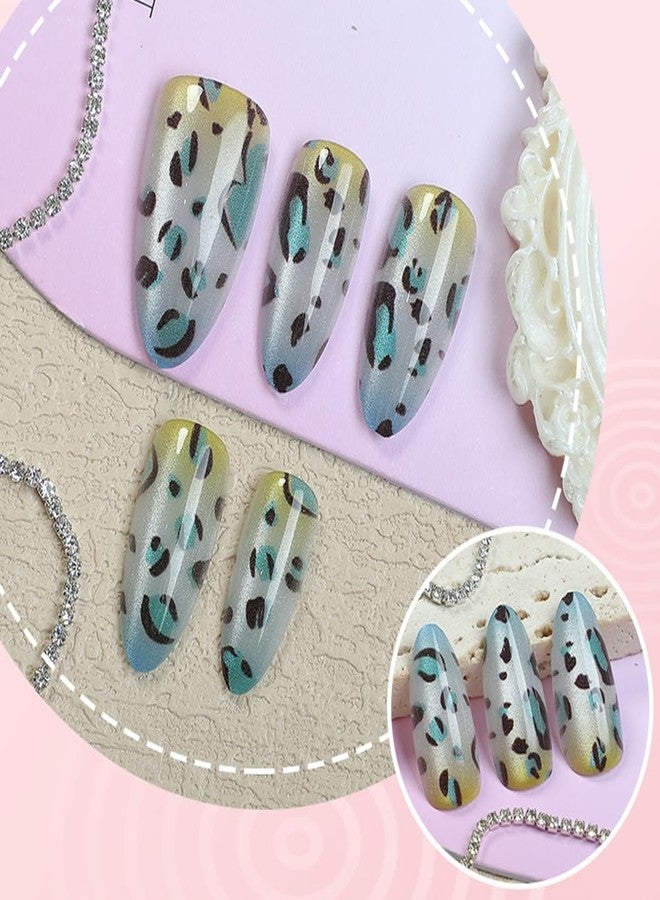 WAFOLOZE 30Pcs Almond Shape Press on Nails Medium Fake Nails with Cat's Eye Blue To Yellow Ombre Leopard Print Designs Acrylic Glue on False Nails Artificial Nail Press Ons Stick On Nails for Women Girls - Image 3