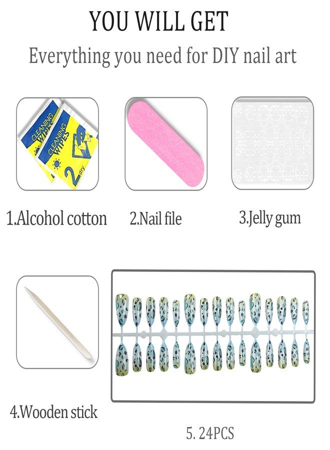 WAFOLOZE 30Pcs Almond Shape Press on Nails Medium Fake Nails with Cat's Eye Blue To Yellow Ombre Leopard Print Designs Acrylic Glue on False Nails Artificial Nail Press Ons Stick On Nails for Women Girls - Image 5