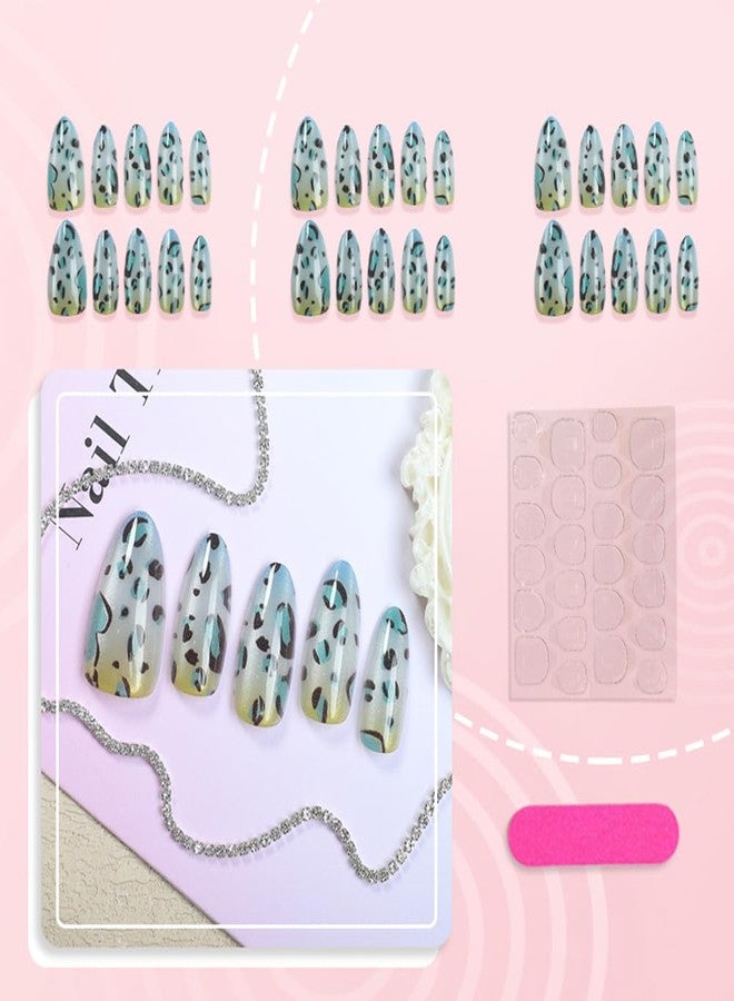 WAFOLOZE 30Pcs Almond Shape Press on Nails Medium Fake Nails with Cat's Eye Blue To Yellow Ombre Leopard Print Designs Acrylic Glue on False Nails Artificial Nail Press Ons Stick On Nails for Women Girls - Image 2