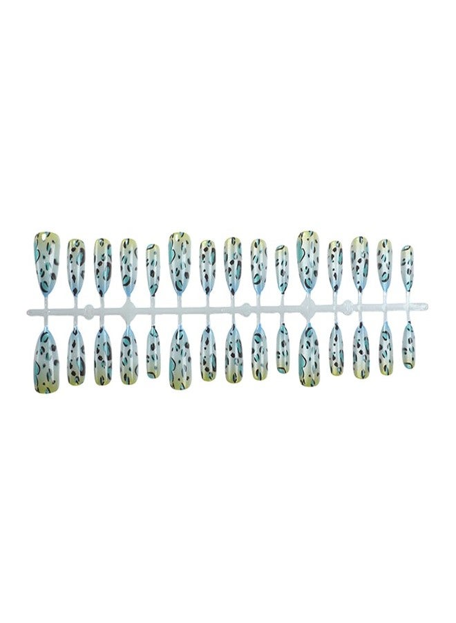 WAFOLOZE 30Pcs Almond Shape Press on Nails Medium Fake Nails with Cat's Eye Blue To Yellow Ombre Leopard Print Designs Acrylic Glue on False Nails Artificial Nail Press Ons Stick On Nails for Women Girls - Image 4