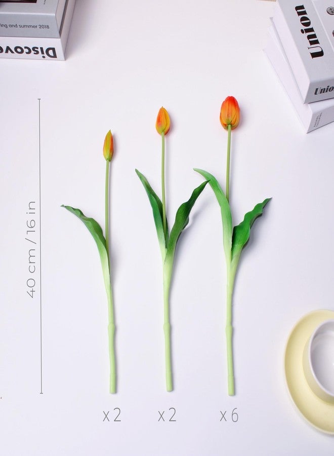 WAKISAKI 16-inch Premium Real Touch Fake Tulips Artificial Flowers with Buds, Flexible Stem Easy to Shape, Faux Tulips for Home Decor Indoor (Vase not Included), 10-Pack Set of Sunset Orange - Image 2