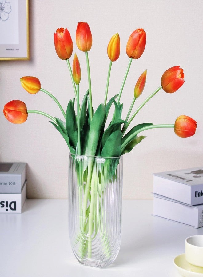 WAKISAKI 16-inch Premium Real Touch Fake Tulips Artificial Flowers with Buds, Flexible Stem Easy to Shape, Faux Tulips for Home Decor Indoor (Vase not Included), 10-Pack Set of Sunset Orange - Image 1