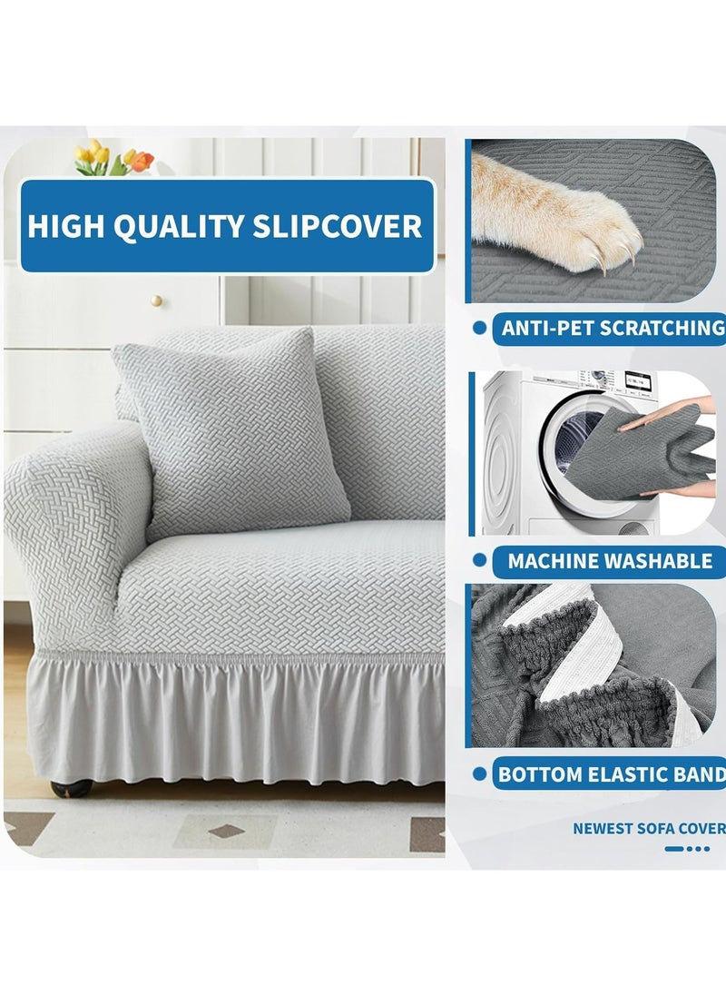 Dominy Sofa Cover,Elastic Couch Cover with Skirt, Spandex Non-Slip Soft Couch Covers, Furniture Protector Washable Soft Solid Color Sofa Cover for Living Room (Light Grey,2 Seater(140-185cm)  - Image 2