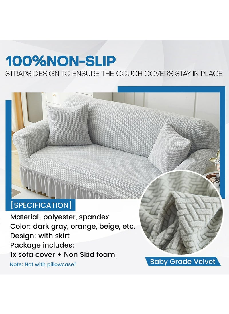 Dominy Sofa Cover,Elastic Couch Cover with Skirt, Spandex Non-Slip Soft Couch Covers, Furniture Protector Washable Soft Solid Color Sofa Cover for Living Room (Light Grey,2 Seater(140-185cm)  - Image 4