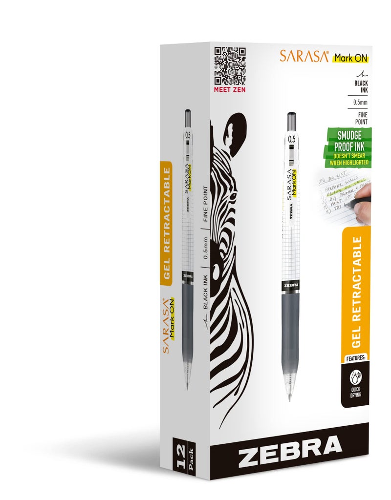 Zebra Pen قلم جل زيبرا بن سارس مارك أون، 0.5 مم نقطة رفيعة، حبر أسود قابل للسحب، حبر مقاوم للتلطيخ للتظليل، مشبك قابل للتوسيع، مثالي لتدوين الملاحظات، 12 حبة (48410upc) - Image 1