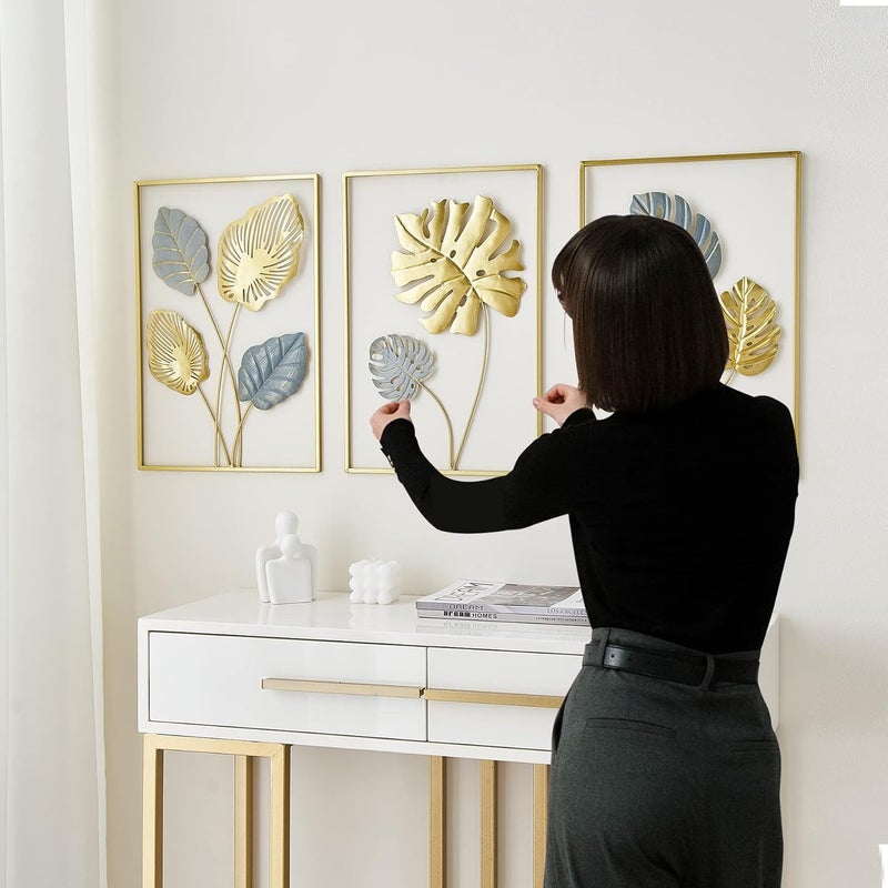 FUNTEREST Gold Metal Wall Art Decor Monstera Leaves Wall Home Decor Set of 3, Modern Wall Hanging Decorations for Living Room, Bedroom, Bathroom, Office Decor - Image 4