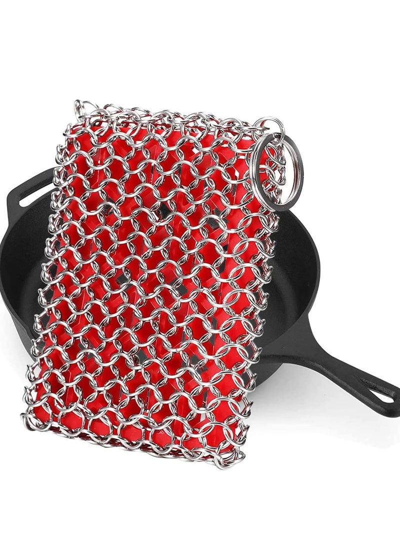 Excefore Cast Iron Skillet Cleaner, Upgraded Chainmail Scrubber Chain Scrub Pan 316 Stainless Steel Metal Scraper Brush for Cleaning Castiron Pan, Griddle, Kitchen Cookware (Red) - Image 1