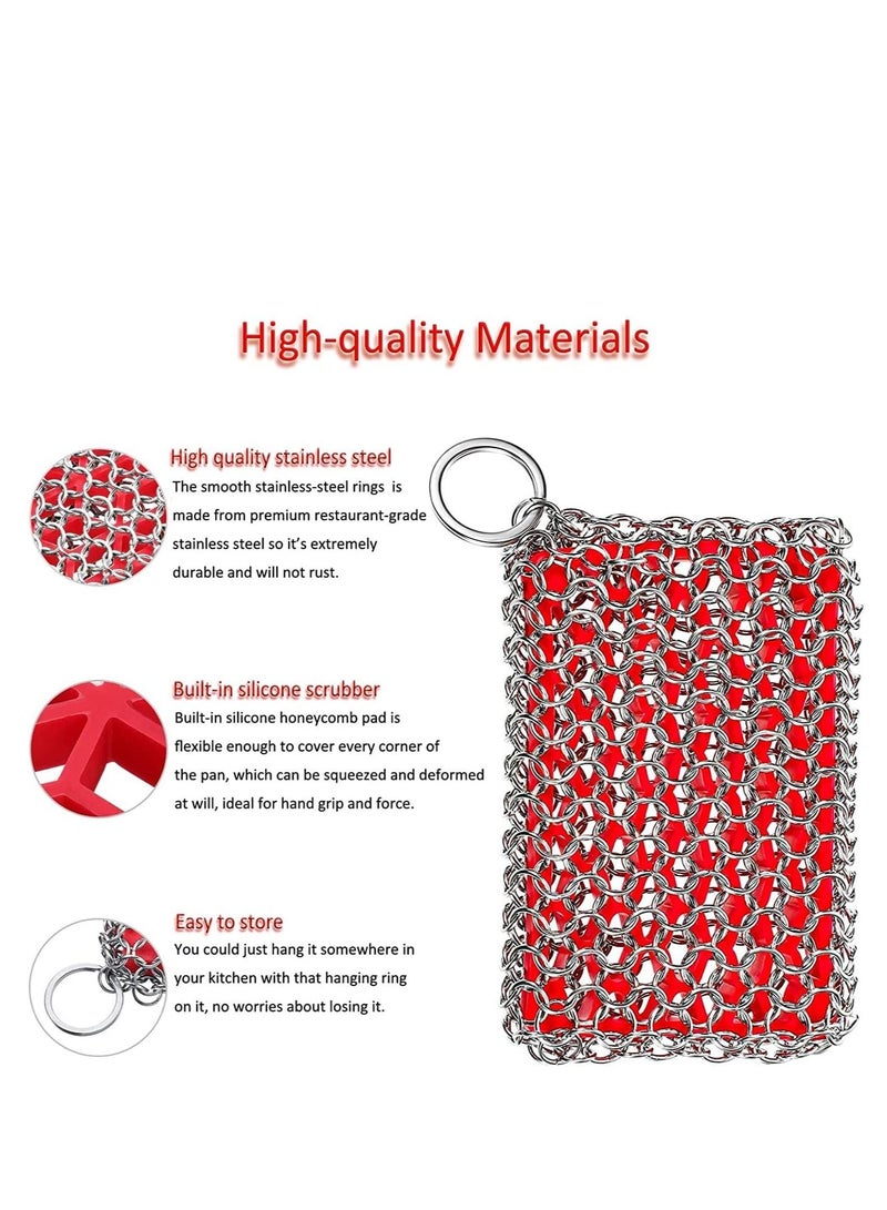 Excefore Cast Iron Skillet Cleaner, Upgraded Chainmail Scrubber Chain Scrub Pan 316 Stainless Steel Metal Scraper Brush for Cleaning Castiron Pan, Griddle, Kitchen Cookware (Red) - Image 2