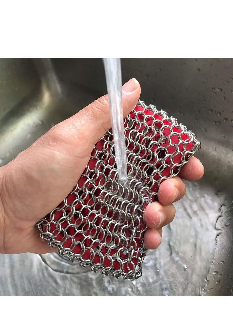 Excefore Cast Iron Skillet Cleaner, Upgraded Chainmail Scrubber Chain Scrub Pan 316 Stainless Steel Metal Scraper Brush for Cleaning Castiron Pan, Griddle, Kitchen Cookware (Red) - Image 3