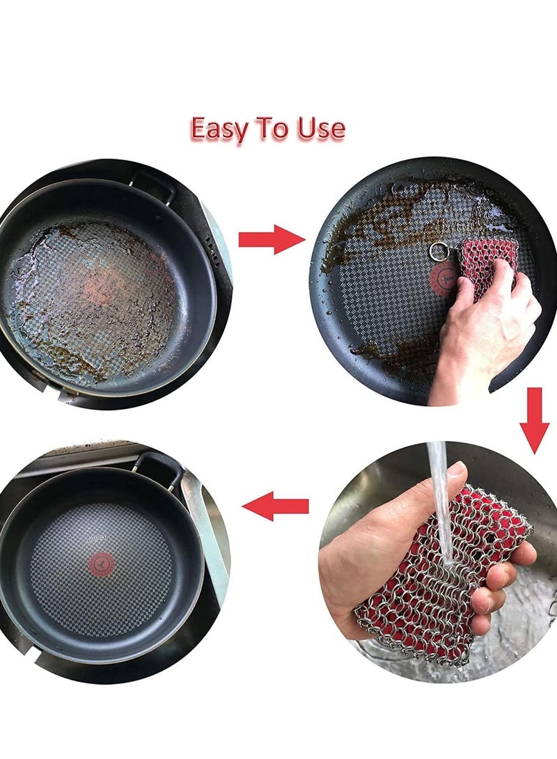 Excefore Cast Iron Skillet Cleaner, Upgraded Chainmail Scrubber Chain Scrub Pan 316 Stainless Steel Metal Scraper Brush for Cleaning Castiron Pan, Griddle, Kitchen Cookware (Red) - Image 4