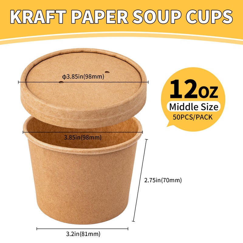 PakTalk 50 Pack Soup Containers with Lids, Disposable and Biodegradable Ice Cream Cups Kraft 12oz Paper Soup Bowls with Lids for Hot Drinking, Food, and Ice Cream (50 sets, 12 oz) - Image 2