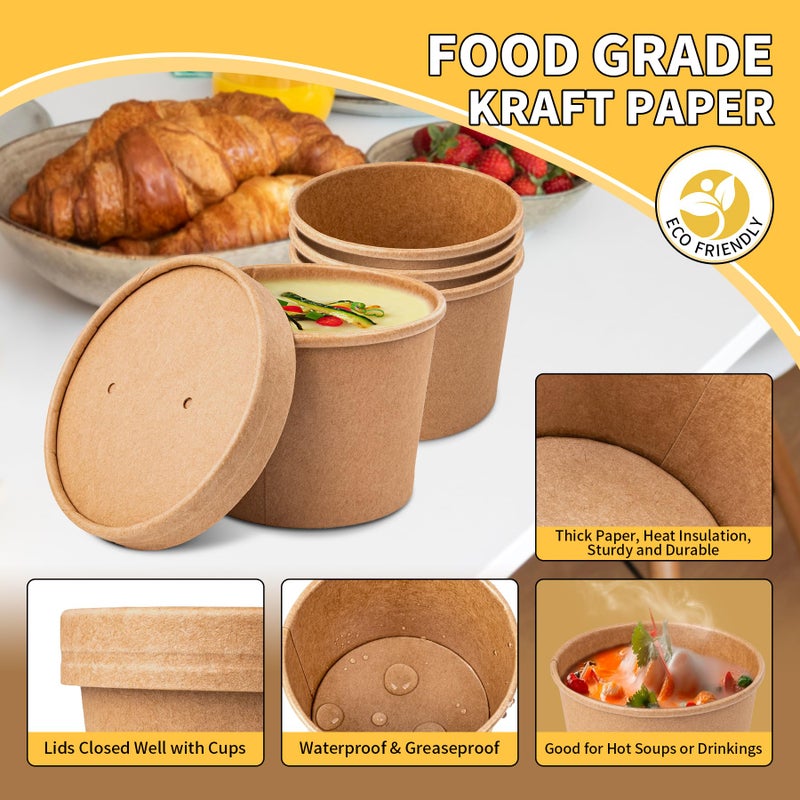 PakTalk 50 Pack Soup Containers with Lids, Disposable and Biodegradable Ice Cream Cups Kraft 12oz Paper Soup Bowls with Lids for Hot Drinking, Food, and Ice Cream (50 sets, 12 oz) - Image 3