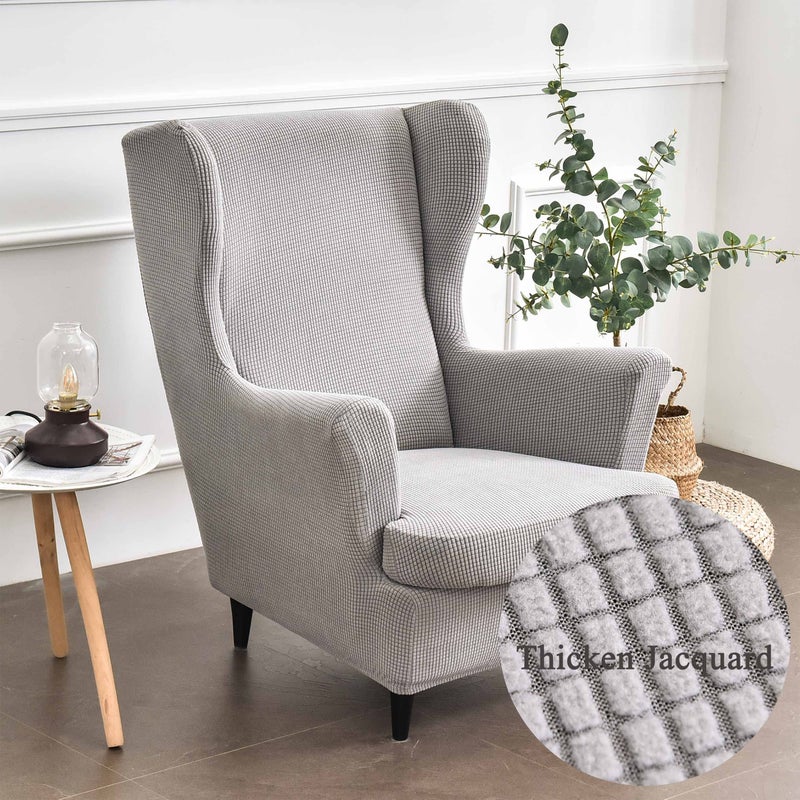 Highdi Wingback Chair Covers 2 Piece Stretch Wing Chair Slipcover Solid color Jacquard Thicken Strandmon Sofa Cover Furniture Protector for Armchair Chairs Living Room Bedroom Hotel Grey