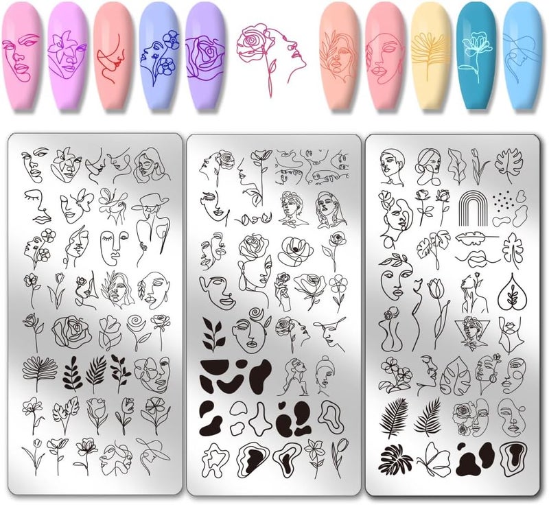 PH PandaHall 3pcs Abstract Faces Nail Art Templates Abstract Flowers Leaves Nails Stamping Plate Line Woman Face Art Stencils Stainless Steel Image Plates for Women Nail Design Print Manicure Salon