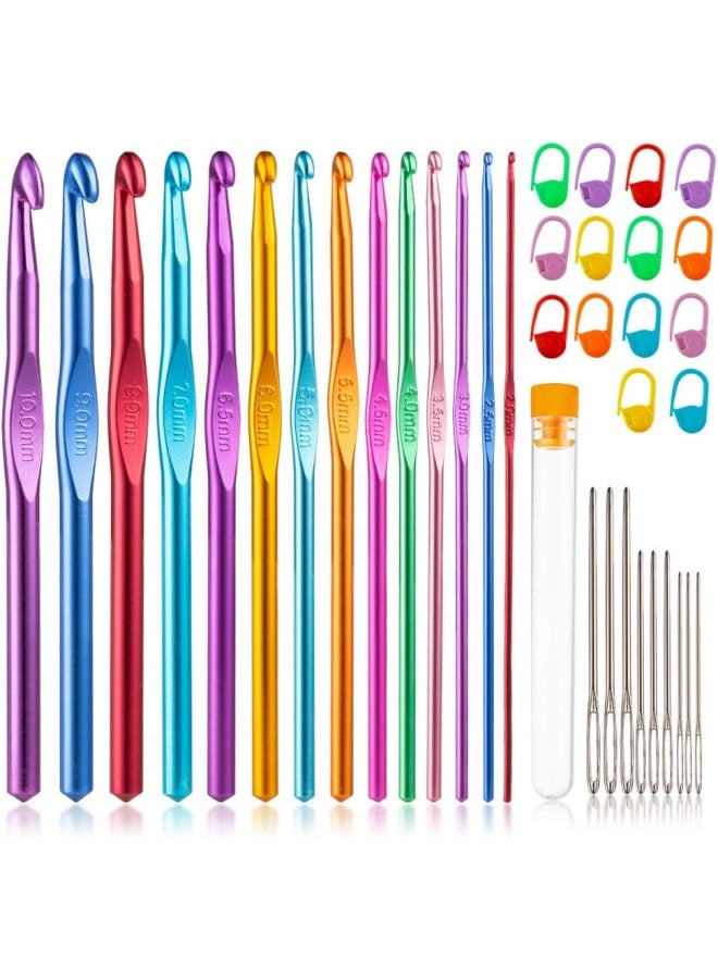 37 PCS Crochet Hooks Set, High Quality Coloured Aluminum Ergonomic Handle Crochet, Hook Needles for Arthritic Hands, with Stitch Markers and Large-Eye Blunt Needles - Image 1